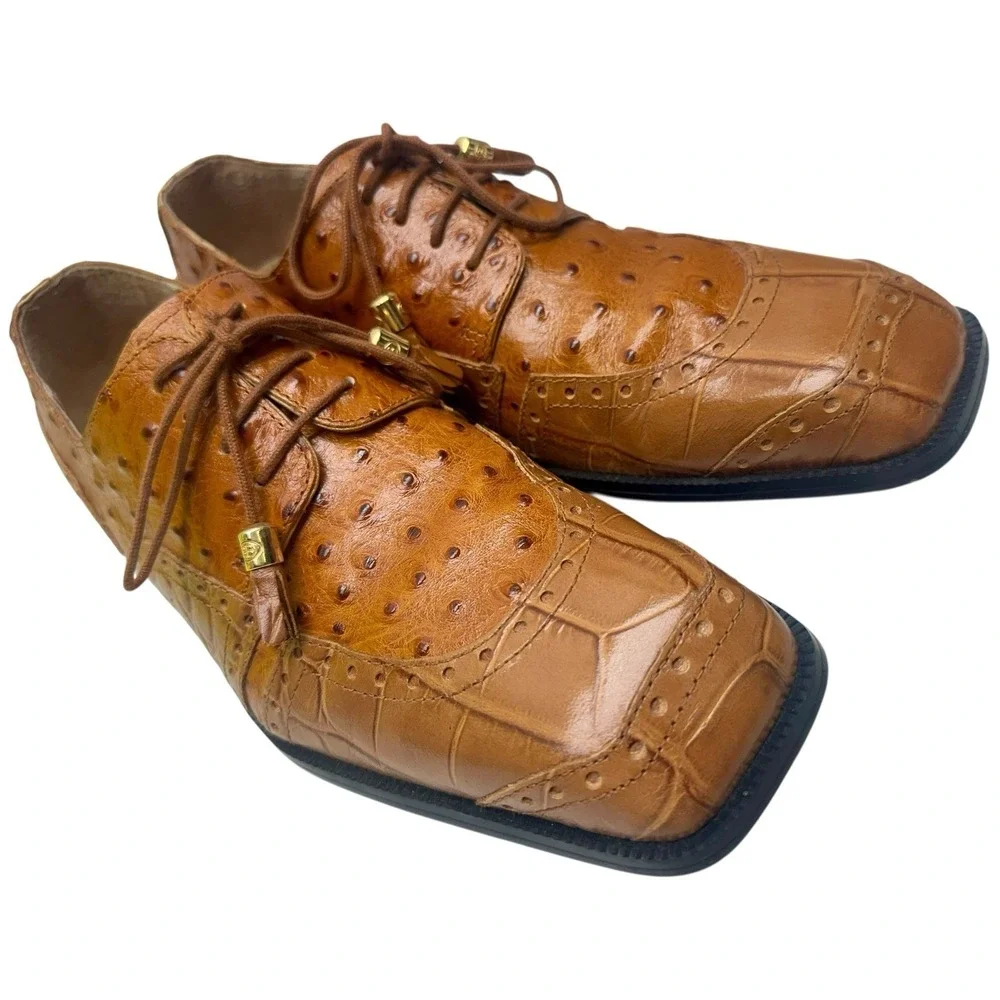 Giorgio Brutini Brown Leather Ostrich/Croc Print Oxfords Size 9.5M 155604‎